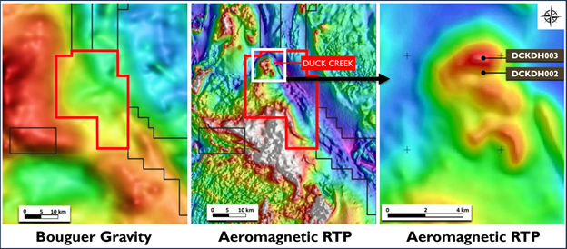 Bouguer gravity and aeromagnetic (reduced-to-pole) maps of the Duck Creek principal target