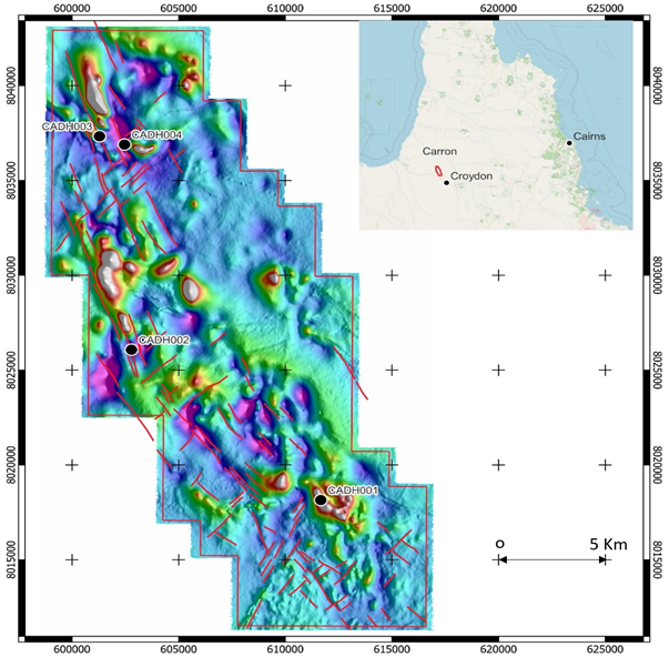 Figure 1 - Carron project drill hole locations on total magnetic intensity (TMI) reduced to pole (RTP) with interpreted district scale structures (MGA94 Zone 54).